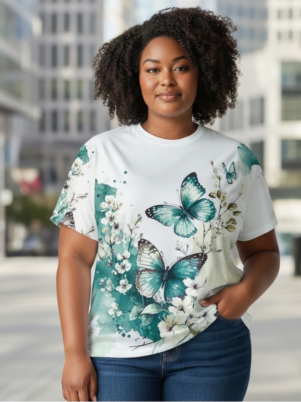 NWOT Round Neck Green & White Butterflies & Flowers Casual Tee